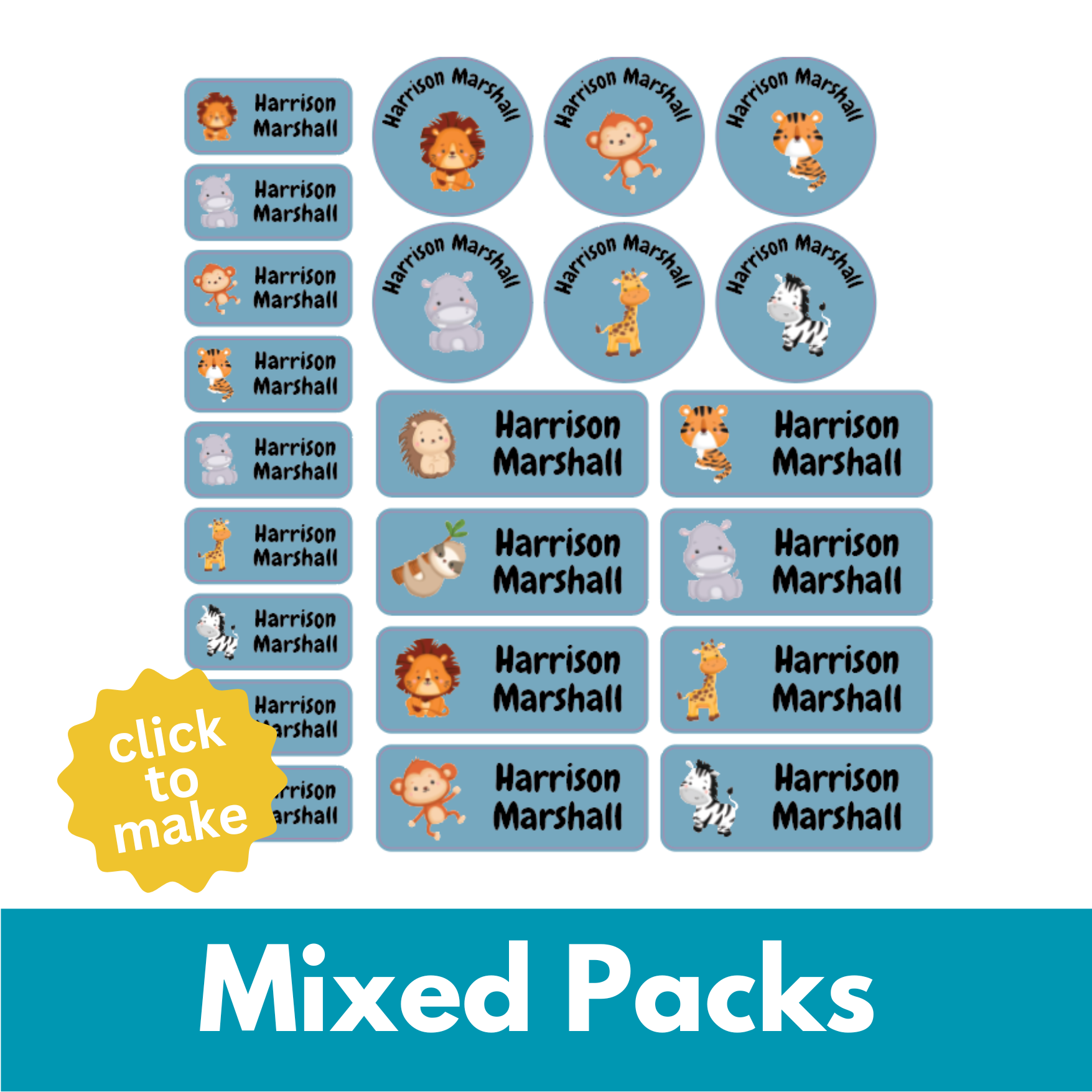 miced animal shapes name labels for kids