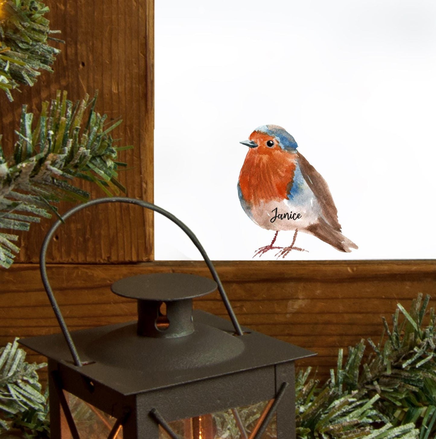 Custom Name Robin Window Wall Christmas Sticker - Loved One Memory Gift For Xmas Decoration
