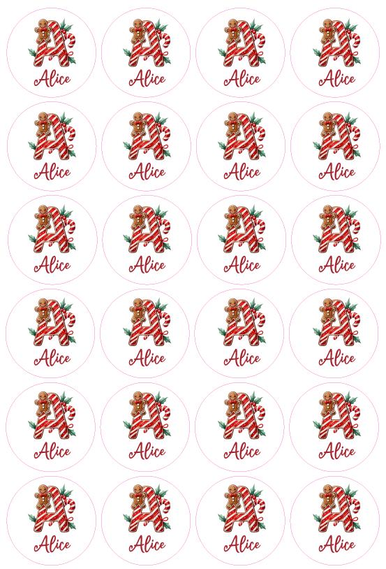 Customised Christmas Initial Gift Labels Stickers, Candy Stripe Gingerbread Personalised Gift Wrapping Stickers Name Tag