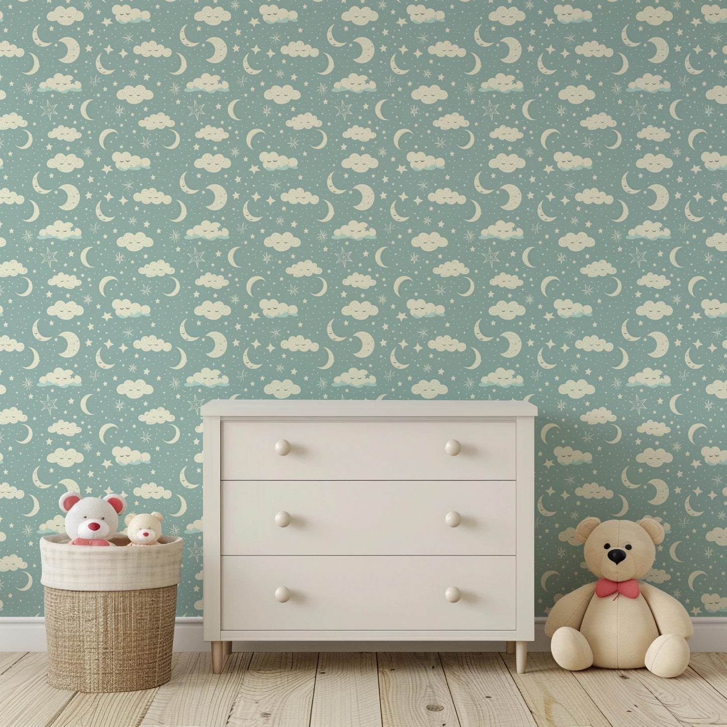 Light Blue Moon & Clouds Nursery Baby Accessories Removable Stick On Wallpaper Peel And Stick Wallpaper Self Adhesive