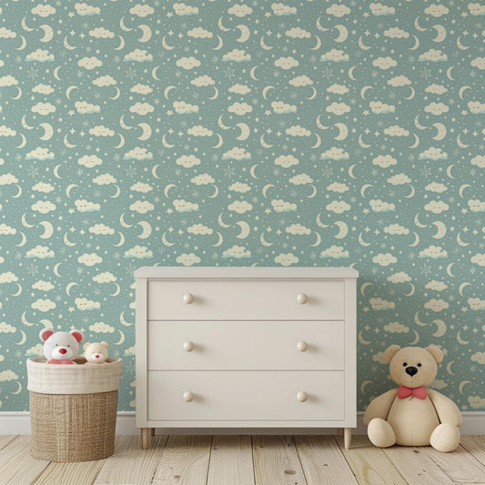 Light Blue Moon & Clouds Nursery Baby Accessories Removable Stick On Wallpaper Peel And Stick Wallpaper Self Adhesive