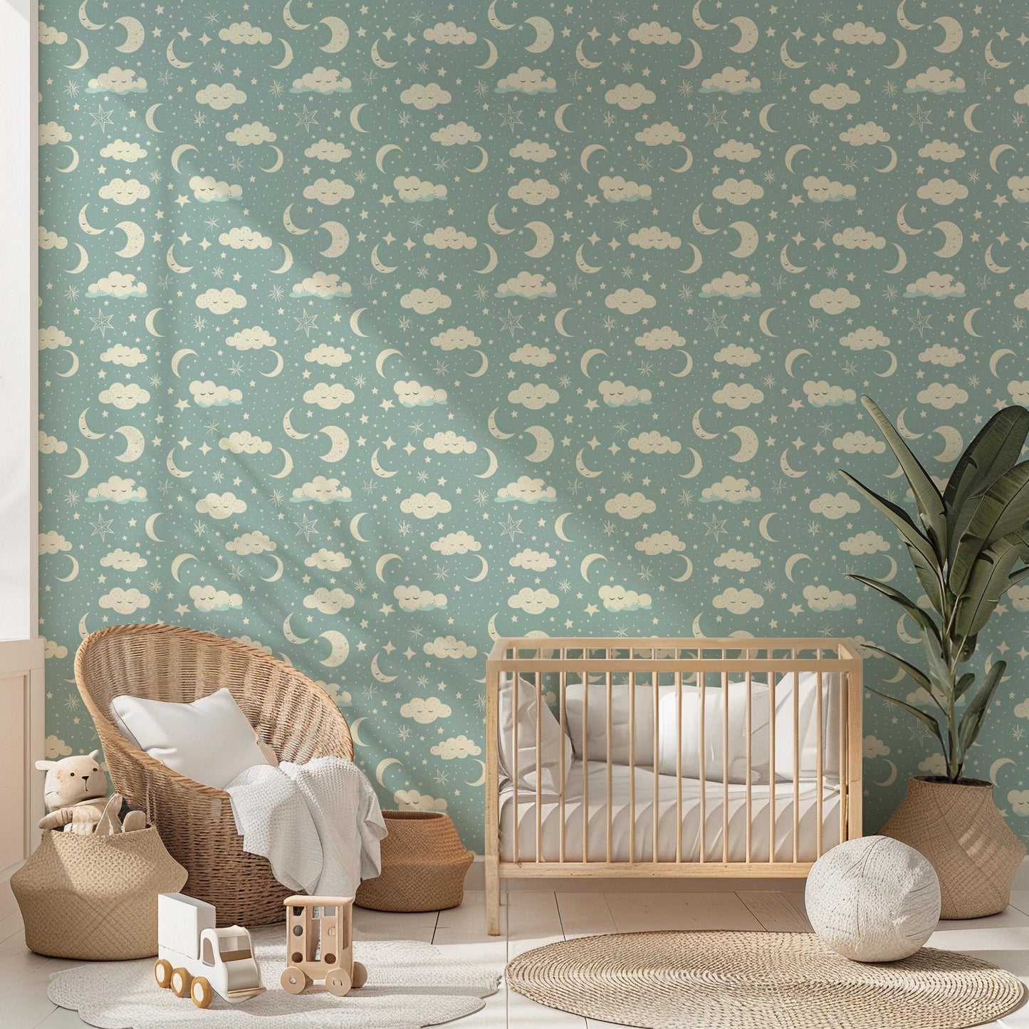 Light Blue Moon & Clouds Nursery Baby Accessories Removable Stick On Wallpaper Peel And Stick Wallpaper Self Adhesive