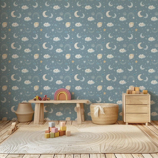 Blue Moon Clouds & Planets Nursery Kids Removable Stick On Wallpaper Peel And Stick Wallpaper Self Adhesive