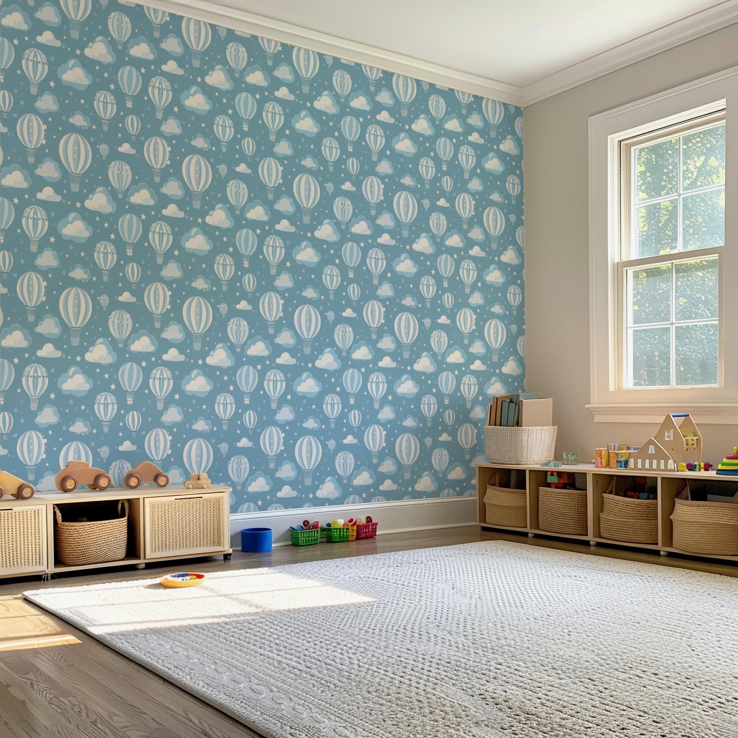 Pastel Blue Hot Air Balloon Clouds Boho Nursery Removable Stick On Wallpaper Peel And Stick Wallpaper Self Adhesive