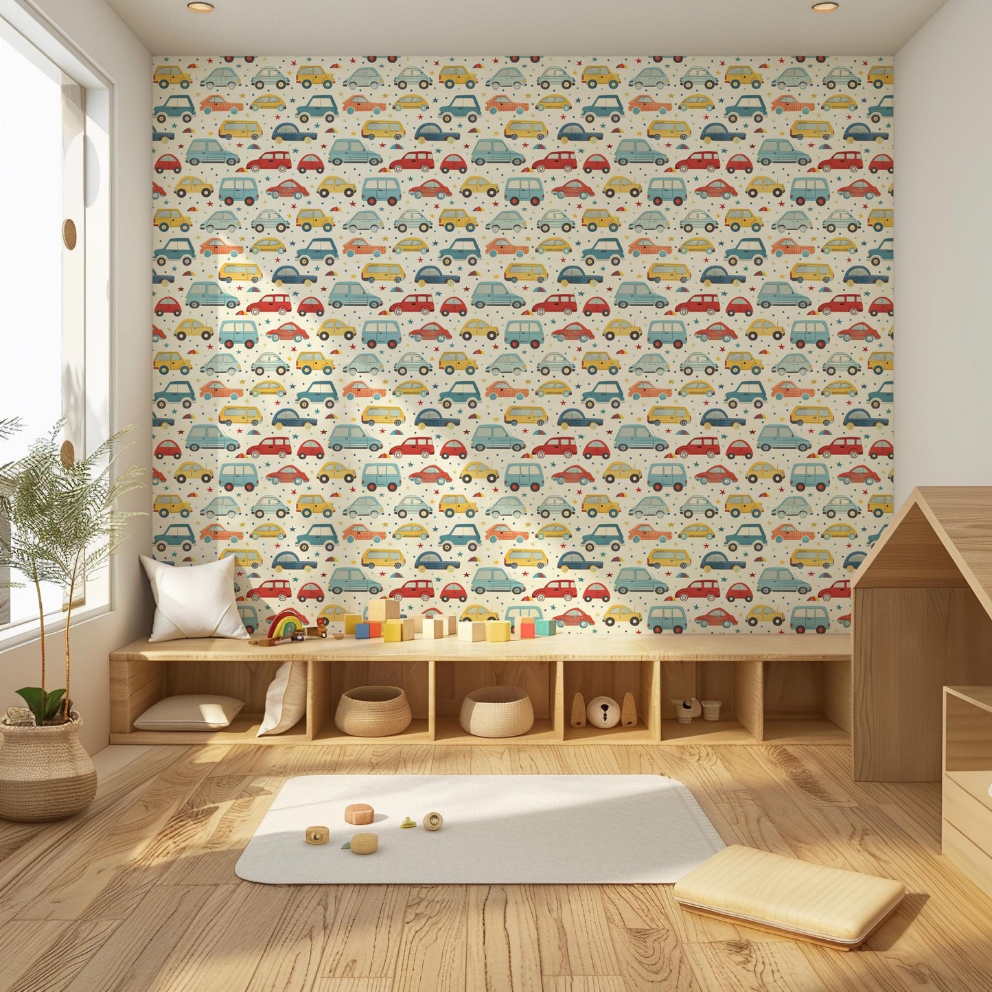 Red Yellow Blue Cars Fun Kids Removable Peel And Stick Wallpaper Self Adhesive Renter Friendly