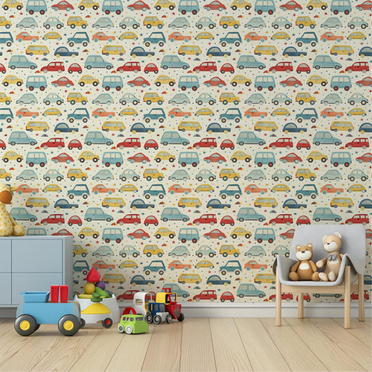 Red Yellow Blue Cars Fun Kids Removable Peel And Stick Wallpaper Self Adhesive Renter Friendly