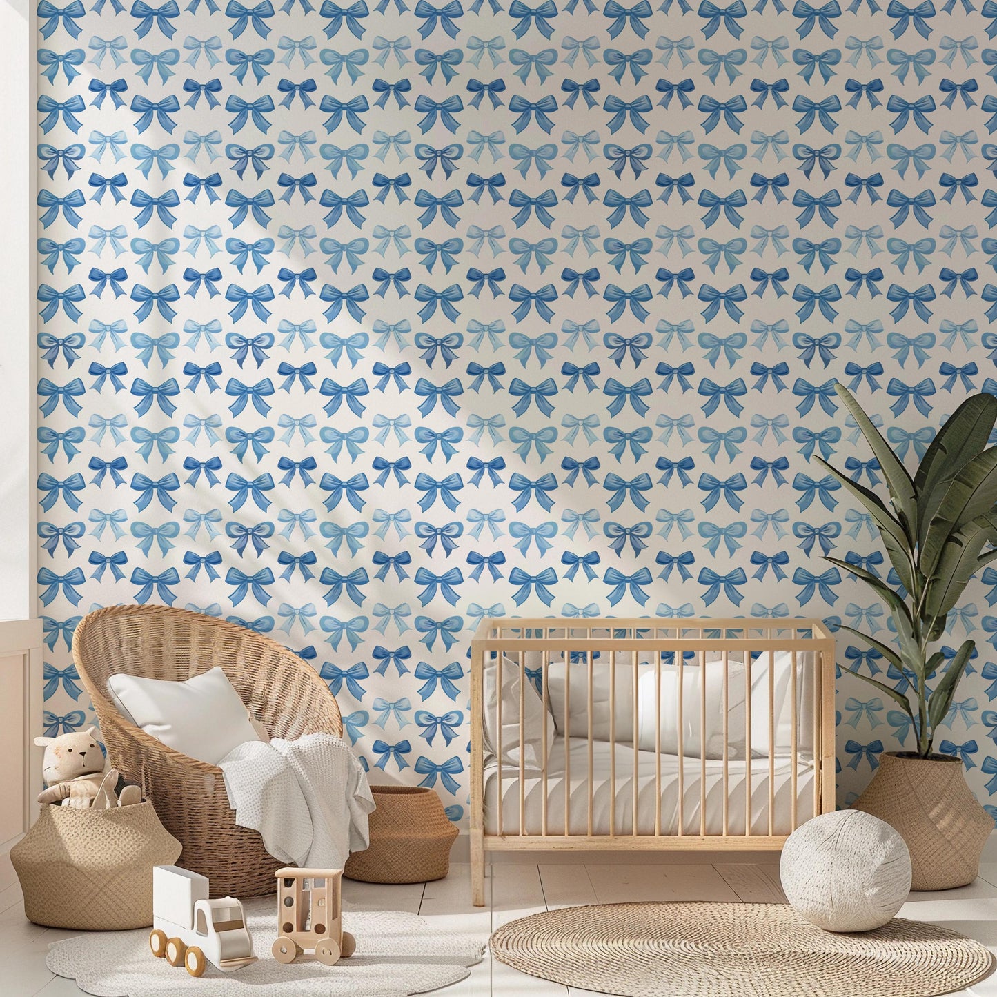 Watercolour Navy Blue Pretty Bows Kids Nursery Removable Peel And Stick Wallpaper Self Adhesive Renter Friendly