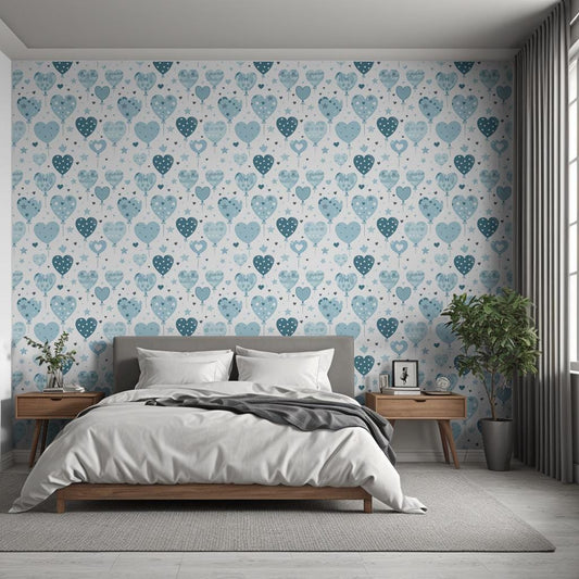 Watercolour Blues Balloon Hearts Kids Nursery Removable Peel And Stick Wallpaper Self Adhesive Renter Friendly