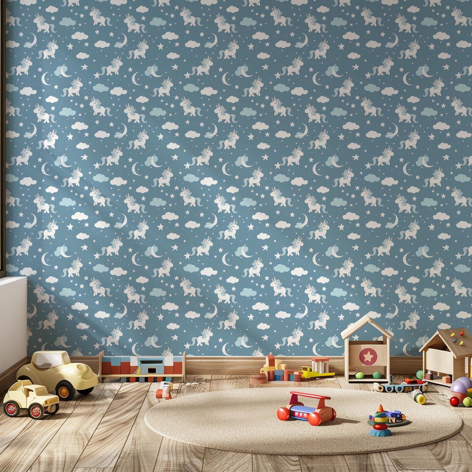 Blue White Unicorn Moon & Clouds Kids Nursery Peel And Stick Wallpaper Self Adhesive Removable