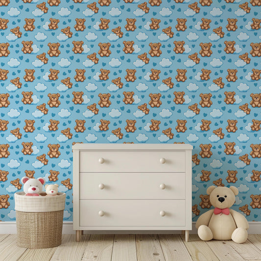 Blue Cute Teddy Bear Hearts Kids Nursery Peel And Stick Wallpaper Self Adhesive Renter Friendly
