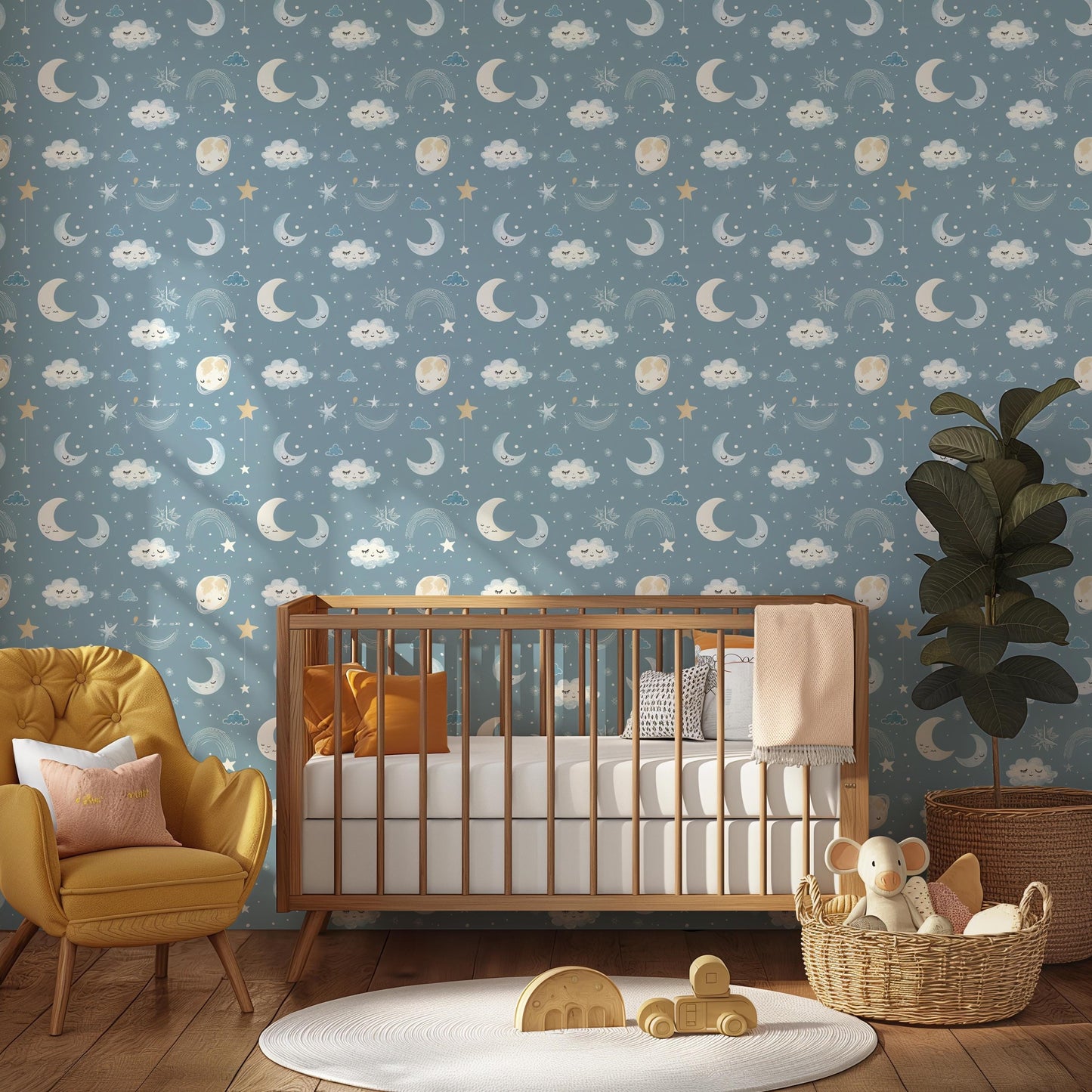 Blue Moon Clouds & Planets Nursery Kids Removable Stick On Wallpaper Peel And Stick Wallpaper Self Adhesive