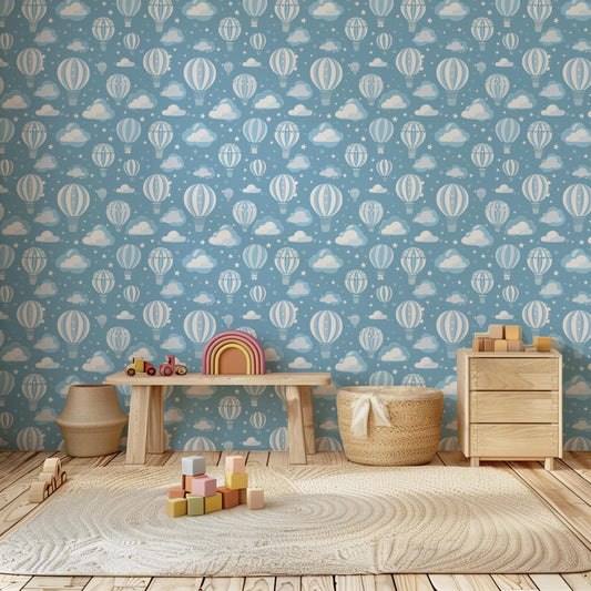 Pastel Blue Hot Air Balloon Clouds Boho Nursery Removable Stick On Wallpaper Peel And Stick Wallpaper Self Adhesive
