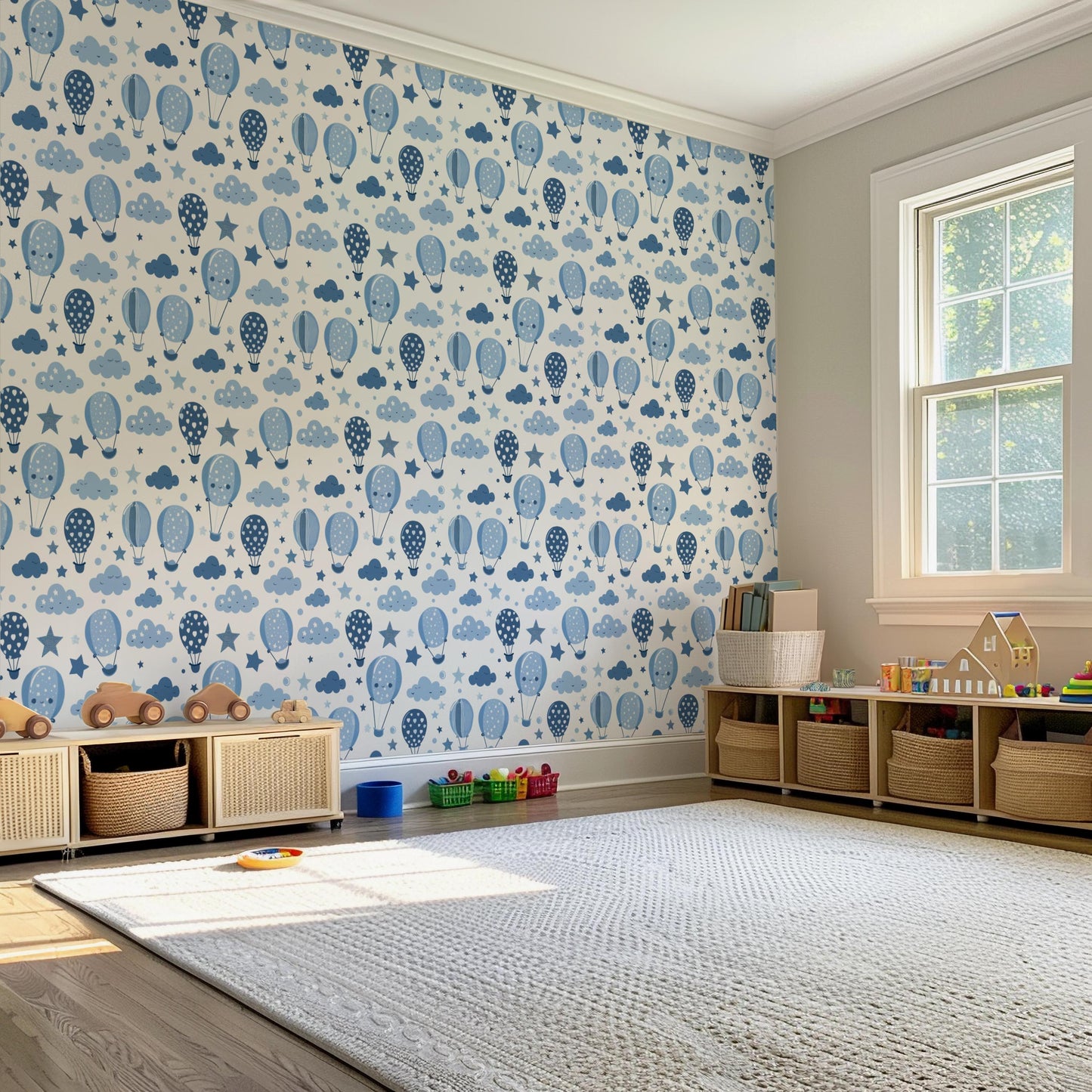 Blue & White Hot Air Balloon Clouds Nursery Removable Stick On Wallpaper Peel And Stick Wallpaper Self Adhesive