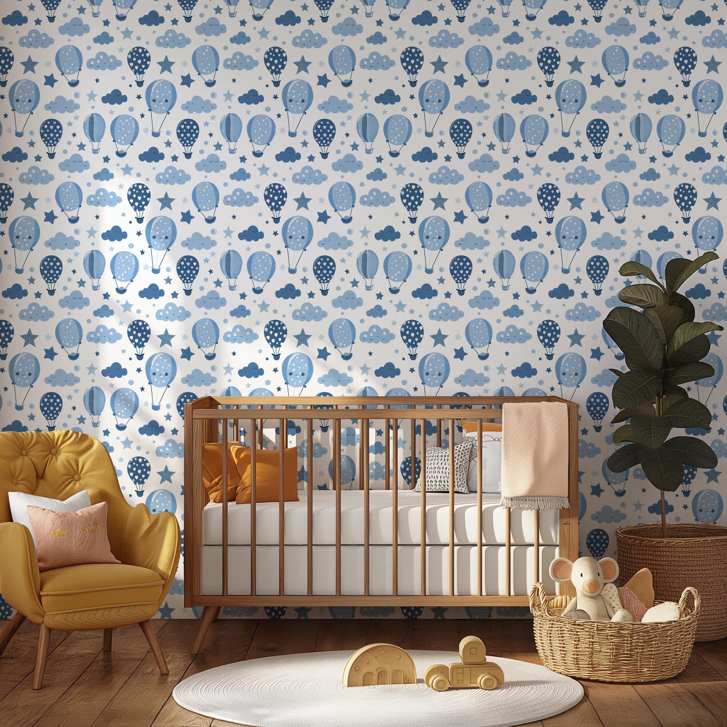 Blue & White Hot air Balloon Clouds Nursery Removable Stick On Wallpaper Peel And Stick Wallpaper Self Adhesive