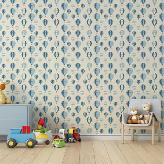 Hot Air Balloon Blue & White Nursery Kids Removable Peel And Stick Wallpaper Self Adhesive Renter Friendly