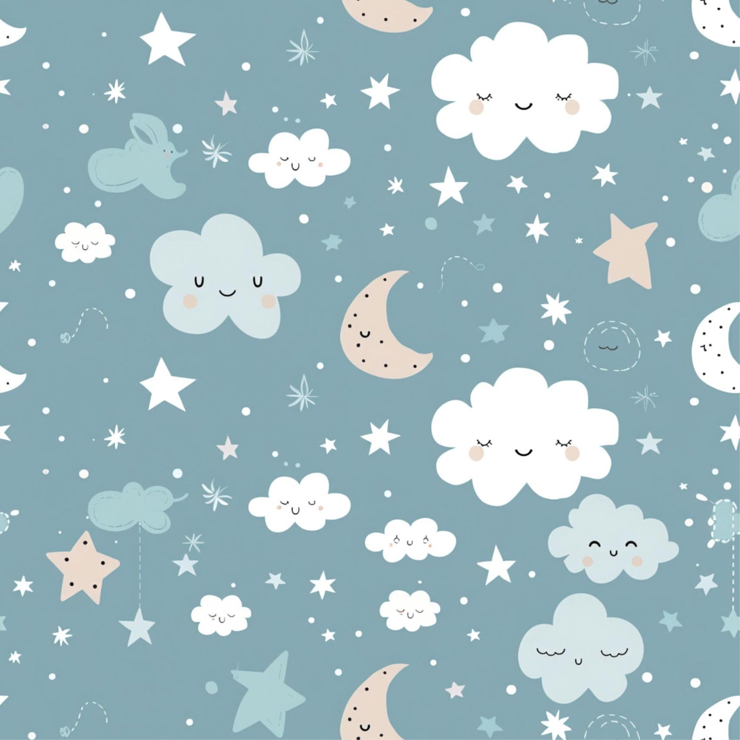 Light Blue Happy Clouds Moon & Stars Blue Kids Nursery Peel And Stick Wallpaper Self Adhesive Removable
