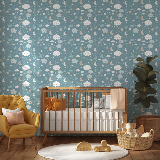 Light Blue Happy Clouds Moon & Stars Blue Kids Nursery Peel And Stick Wallpaper Self Adhesive Removable