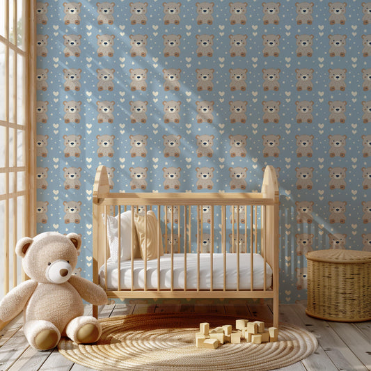 Baby Blue Teddy Bear Hearts Kids Nursery Peel And Stick Wallpaper Self Adhesive Renter Friendly
