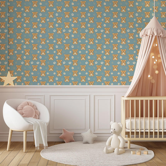 Baby Blue Small Teddy Bear Flower Kids Nursery Peel And Stick Wallpaper Self Adhesive Renter Friendly