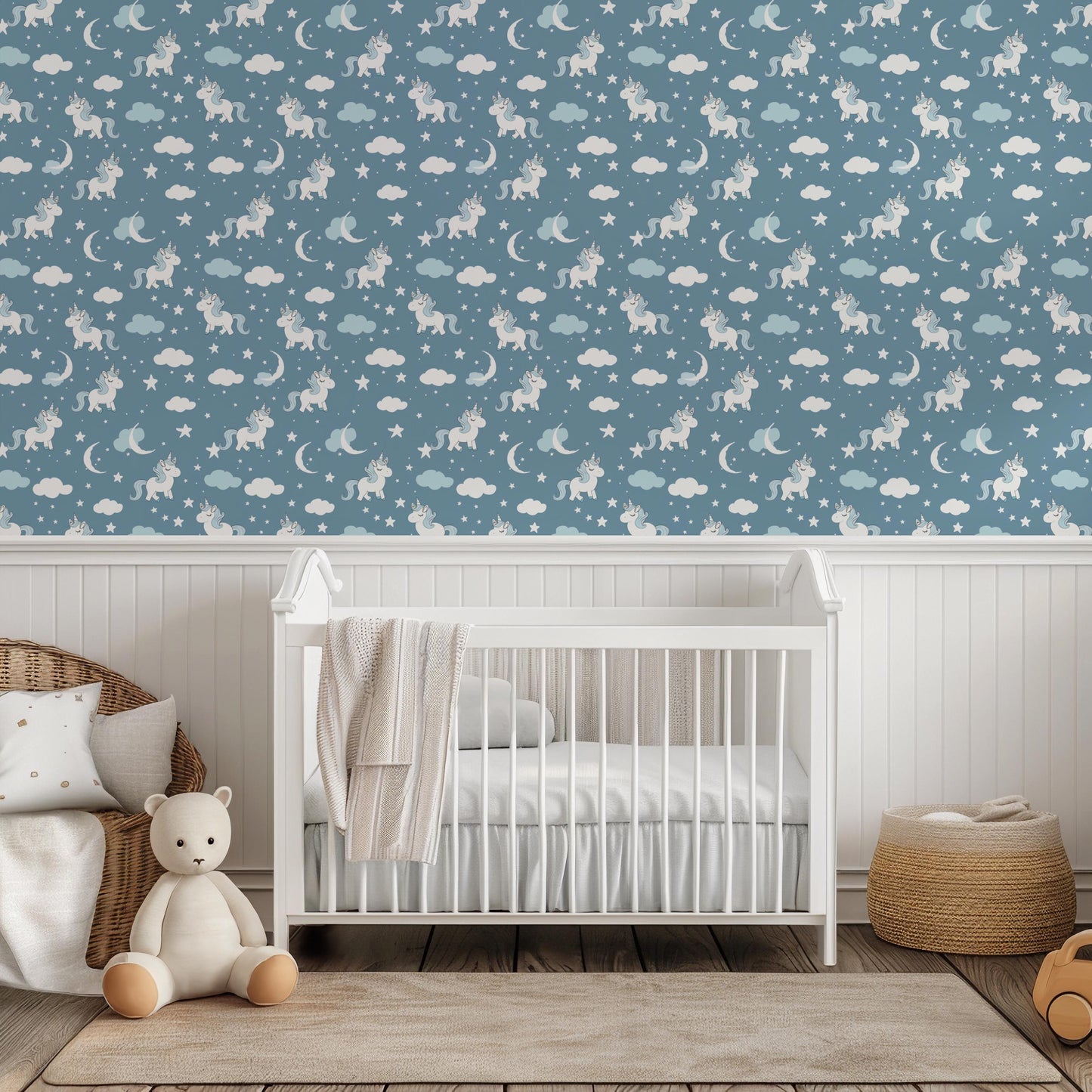 Blue White Unicorn Moon & Clouds Kids Nursery Peel And Stick Wallpaper Self Adhesive Removable