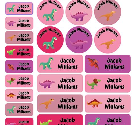 23 Mixed Pink Label Dinosaurs Stick On Name Label Tags