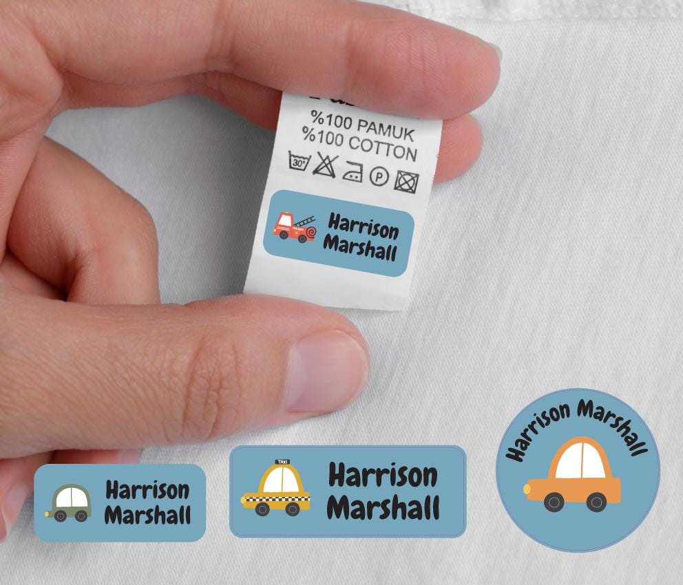 truck and cars stick on name label tags uk