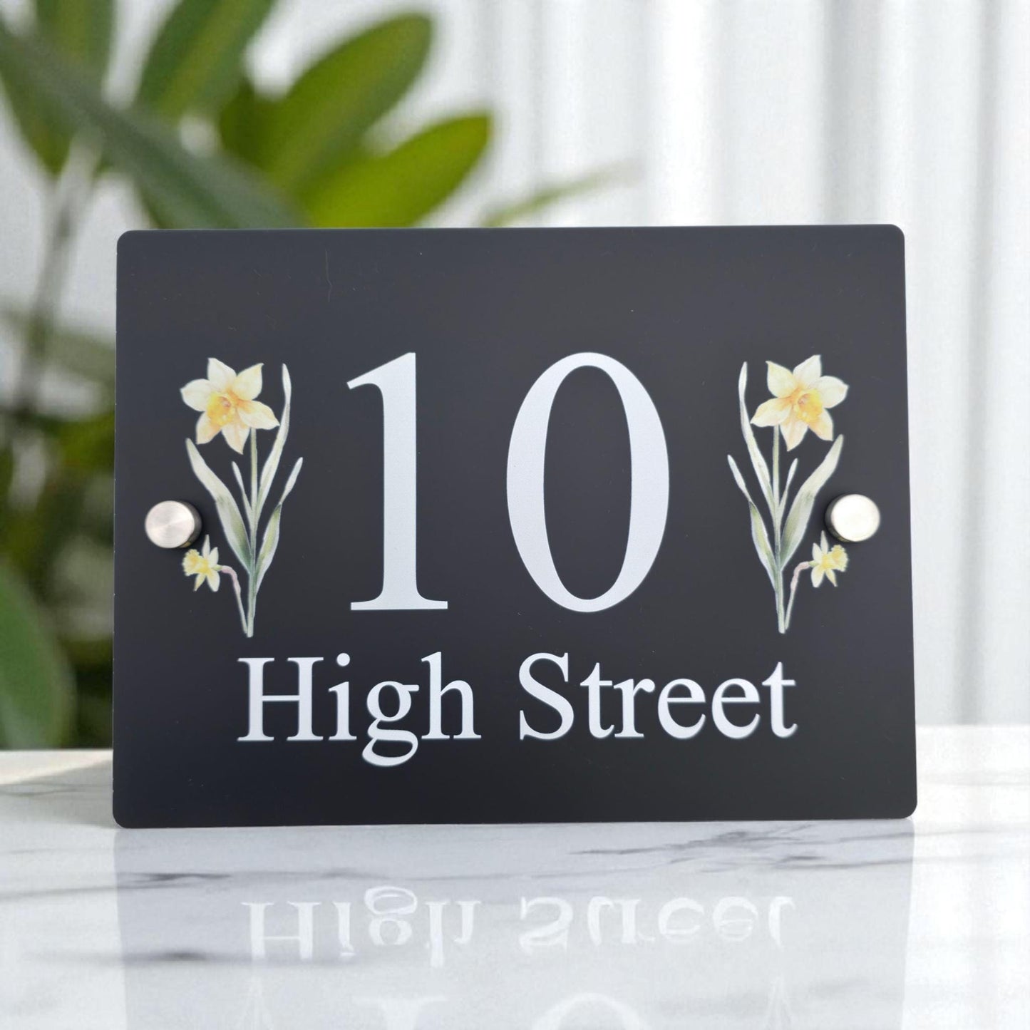 Floral House Number Sign Plaque Plate | Black Acrylic Floating Standoff Decorative Flower House Sign