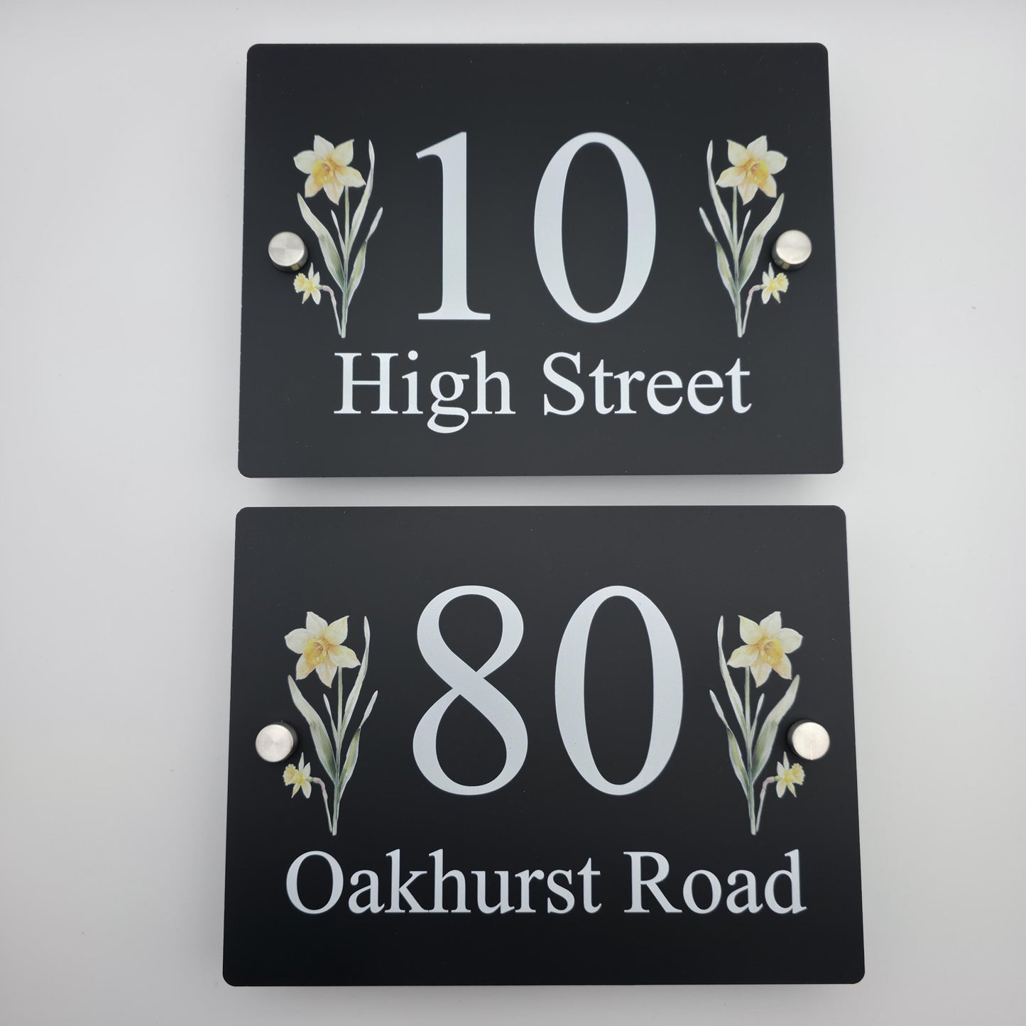 Floral House Number Sign Plaque Plate | Black Acrylic Floating Standoff Decorative Flower House Sign