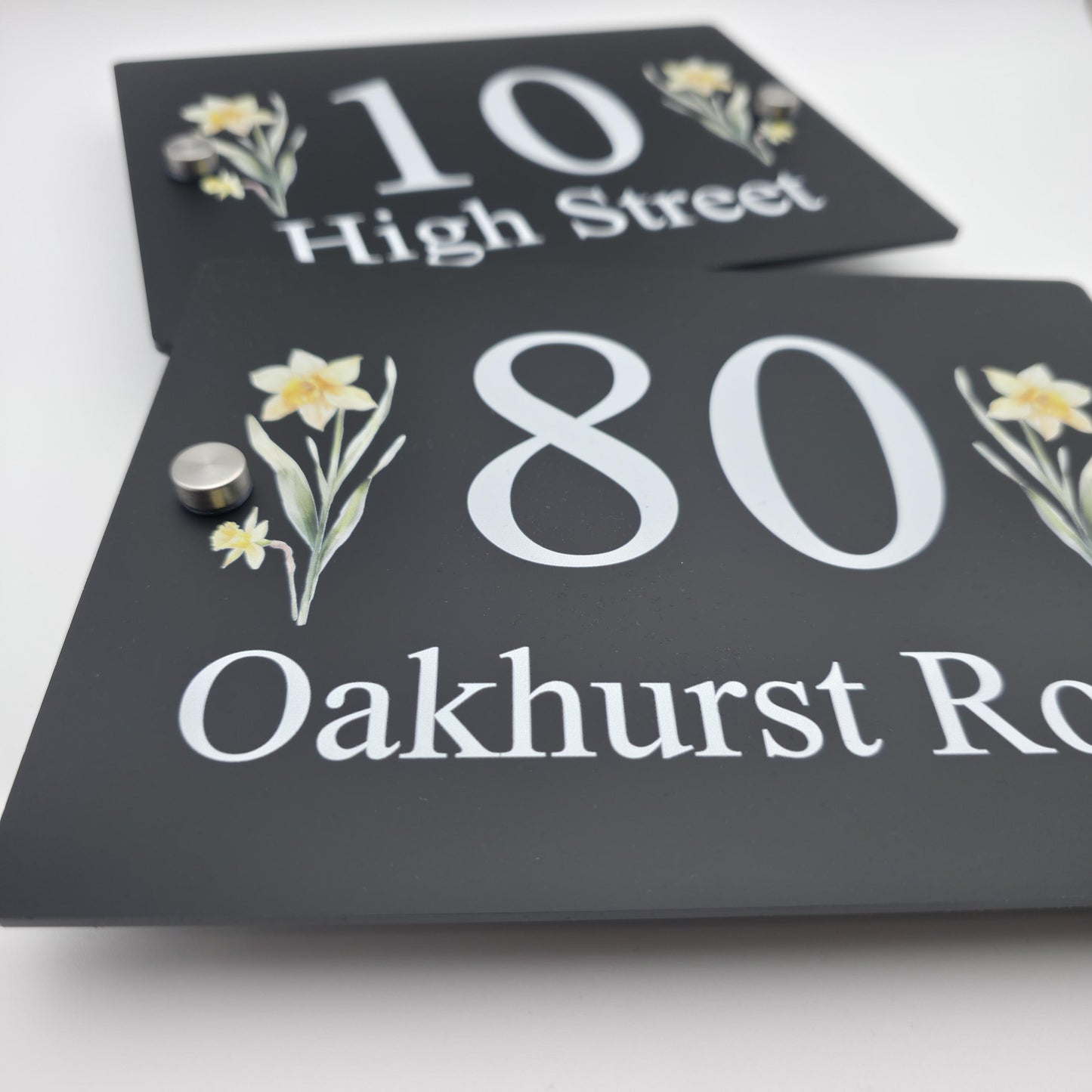 Floral House Number Sign Plaque Plate | Black Acrylic Floating Standoff Decorative Flower House Sign