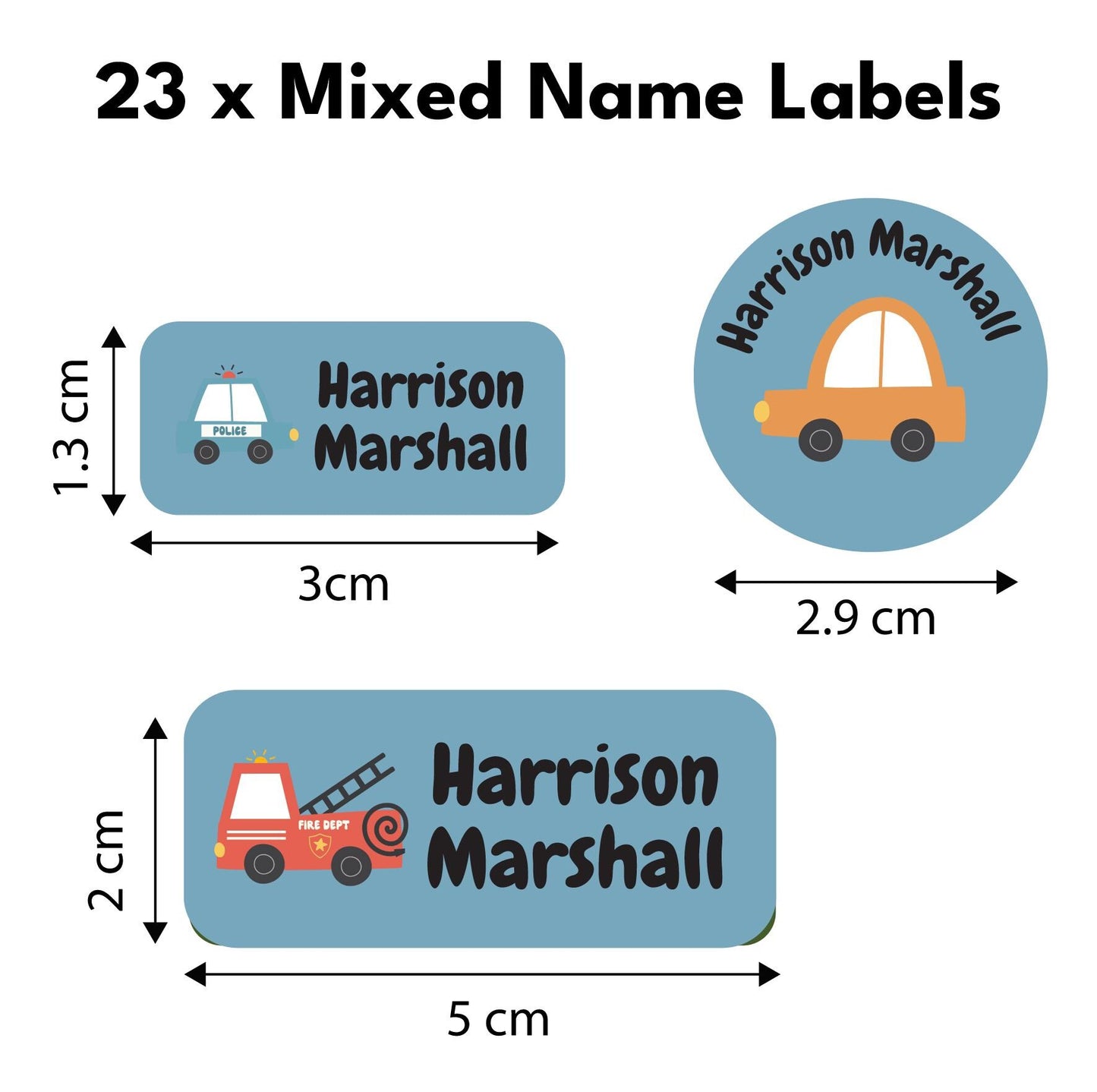 23 x Blue Trucks, Cars & Emergency Vehicles Name Label Tags Washable
