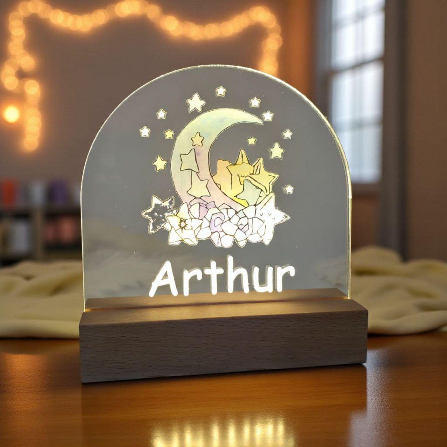Personalised Kids Night Light Colourful Moon & Stars - Nursery LED Acrylic Night Lamp