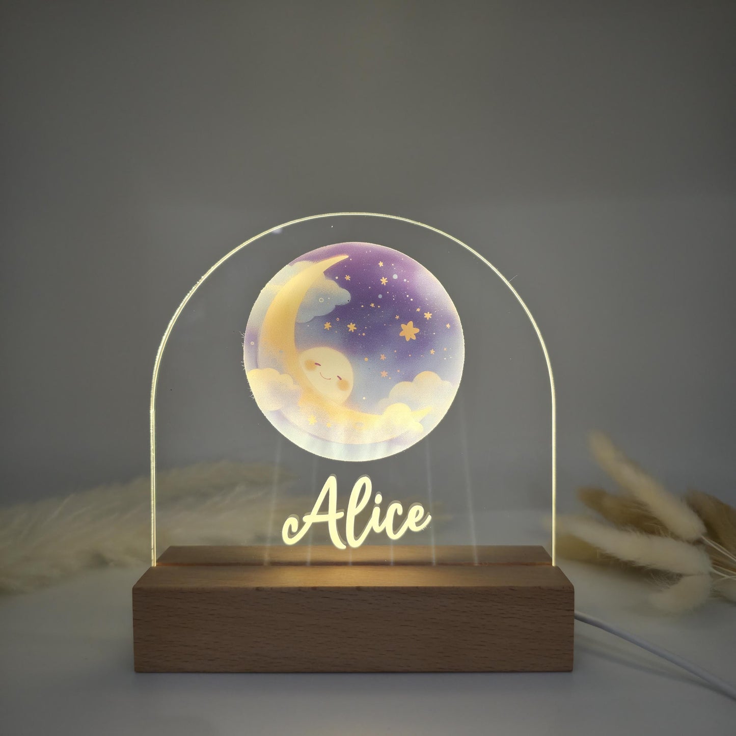 Personalised Moon & Stars Night Light For Kids Bedrooms And Nursery - Custom LED Night Lamp For Children