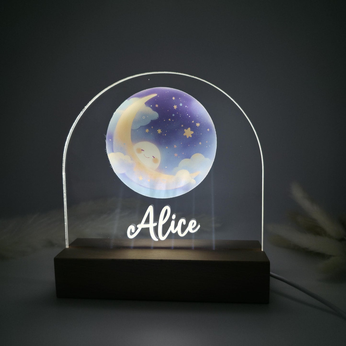 Personalised Moon & Stars Night Light For Kids Bedrooms And Nursery - Custom LED Night Lamp For Children