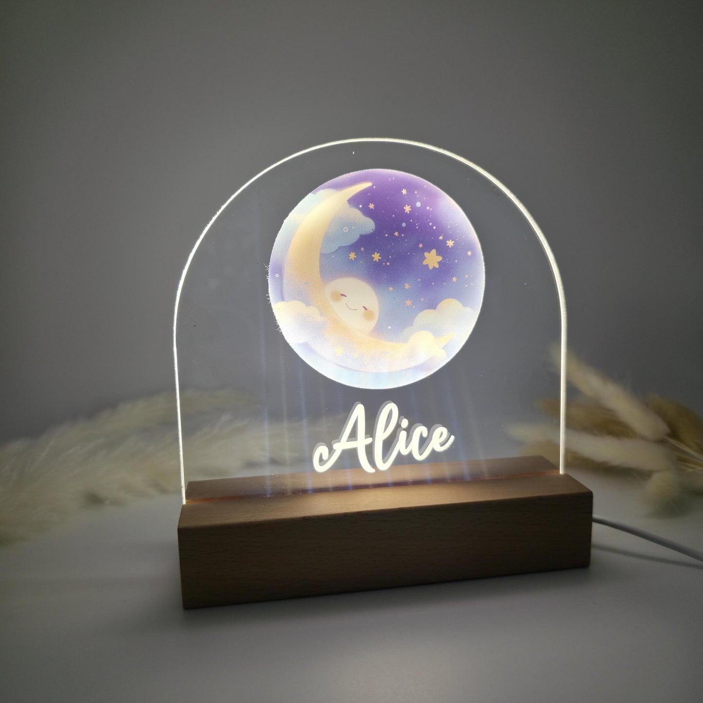 Personalised Moon & Stars Night Light For Kids Bedrooms And Nursery - Custom LED Night Lamp For Children