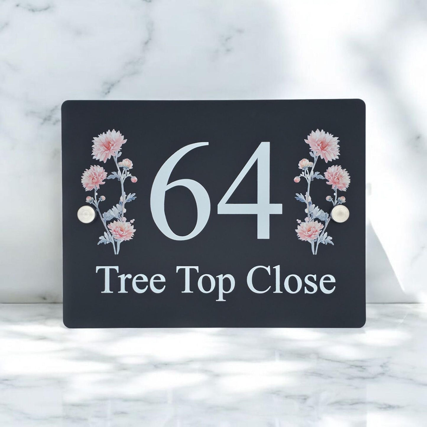 Modern UK house sign with a beautiful printed floral design on a durable acrylic plate