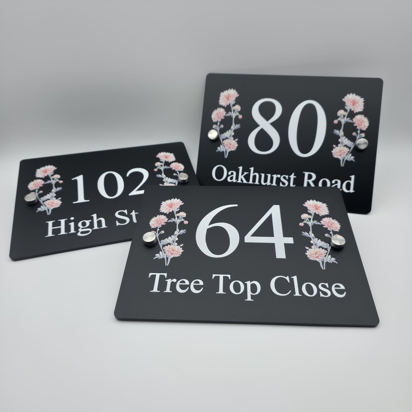 Elegant floral house number sign made from acrylic with a personalised number and street name