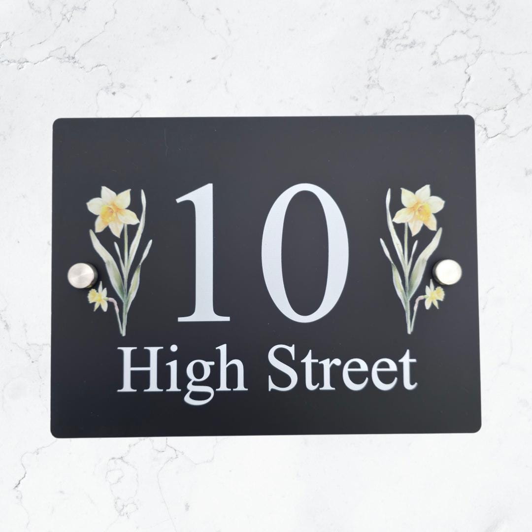 Floral House Number Sign Plaque Plate | Black Acrylic Floating Standoff Decorative Flower House Sign