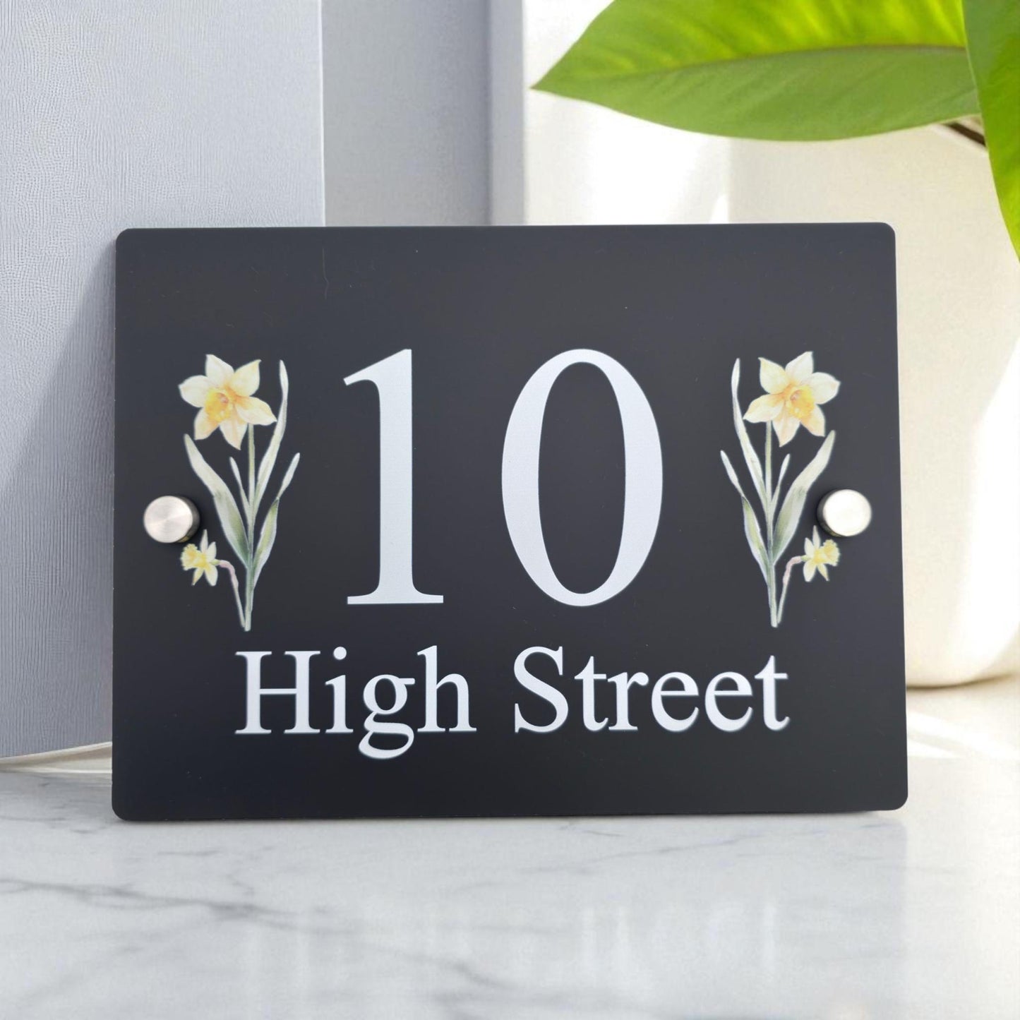 Floral House Number Sign Plaque Plate | Black Acrylic Floating Standoff Decorative Flower House Sign