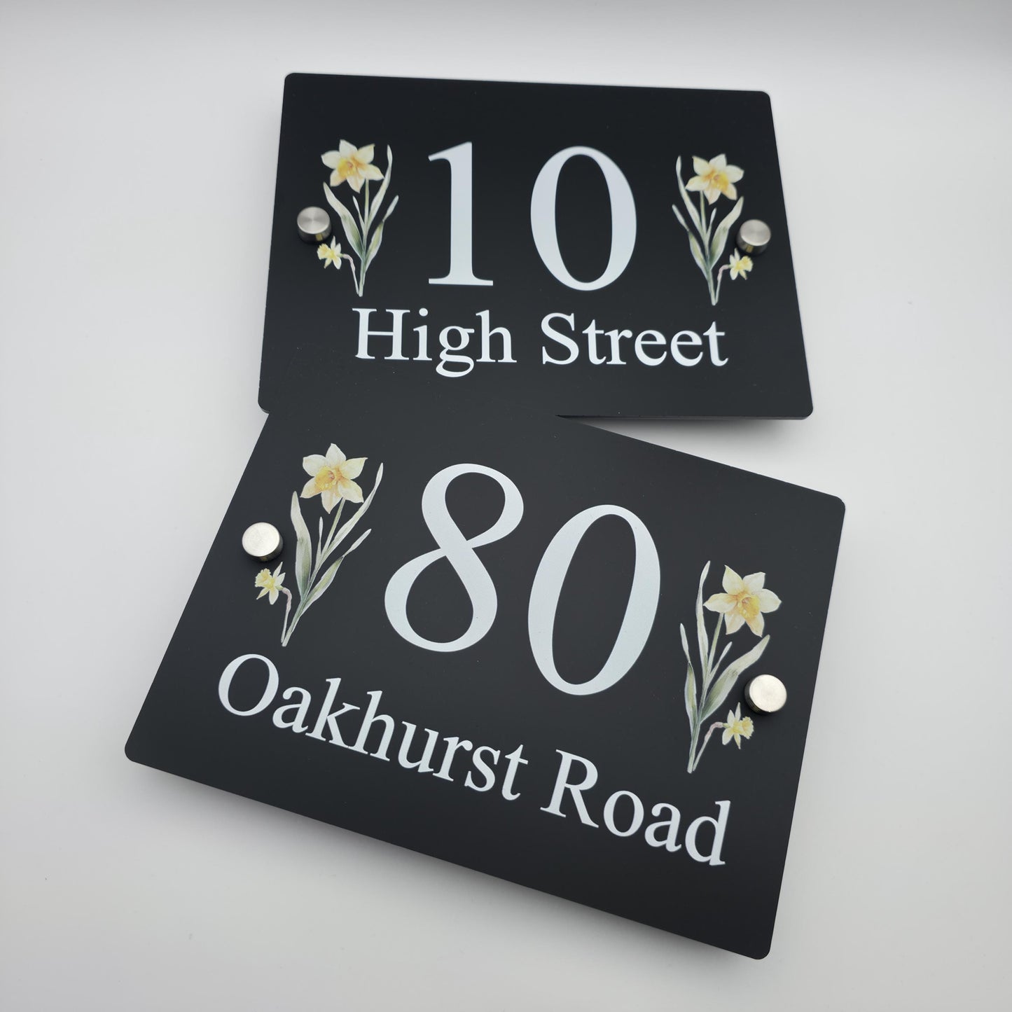 Floral House Number Sign Plaque Plate | Black Acrylic Floating Standoff Decorative Flower House Sign