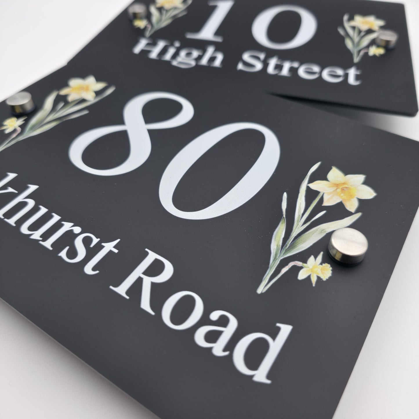 Floral House Number Sign Plaque Plate | Black Acrylic Floating Standoff Decorative Flower House Sign