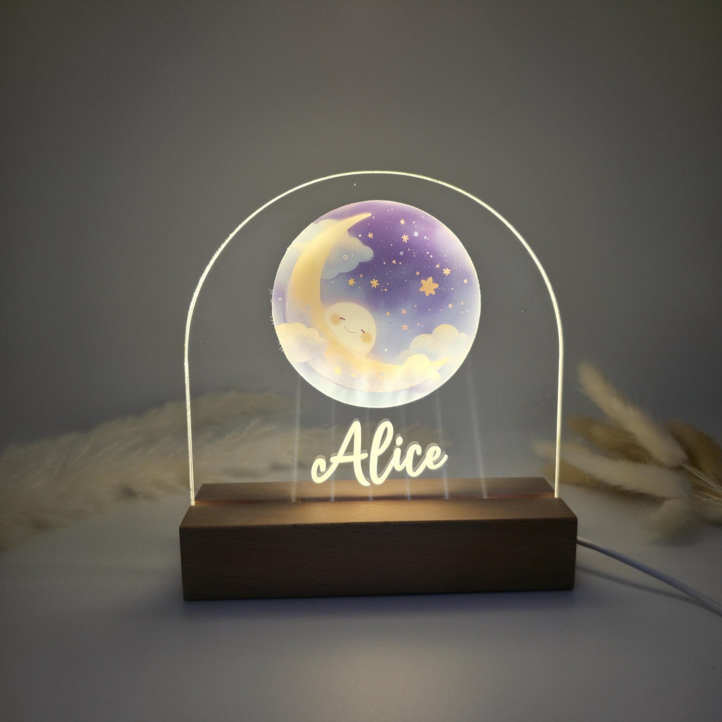 Personalised Moon & Stars Night Light For Kids Bedrooms And Nursery - Custom LED Night Lamp For Children