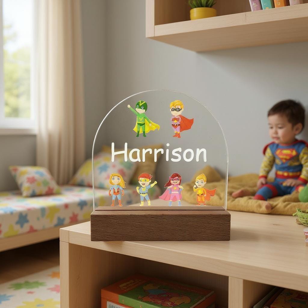Super Heroes Personalised Night Light For Kids Bedrooms - Childrens Custom Night Lamp With Dimmer Super Hero