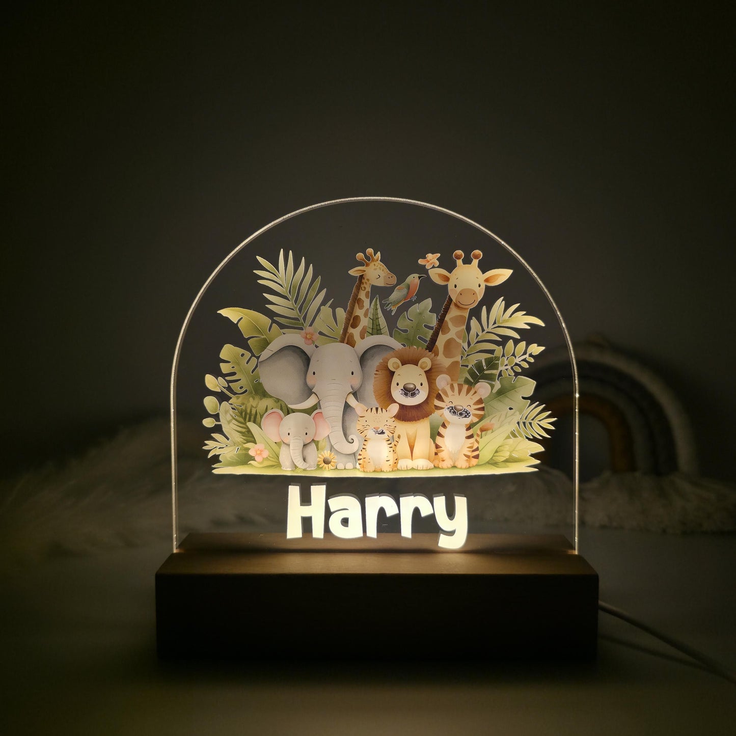 kids night light custom name with animals led acrylic wooden base modern