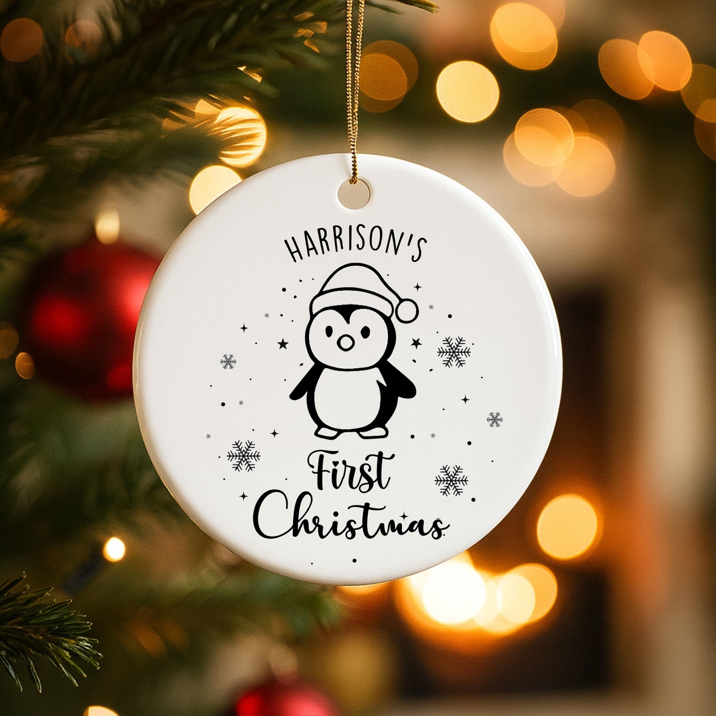 Personalised Baby Name 1st Christmas Ceramic Bauble For Christmas Tree Decoration - Customised Penguin & Snowflakes Bauble