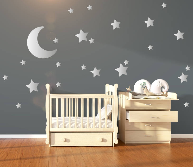 Large Moon & 21 Silver Stars Nursery Wall Decals, Nursery Wall Stickers, Baby Wall Art, Decals, Vinyl Wallpaper Art Decor, Confetti