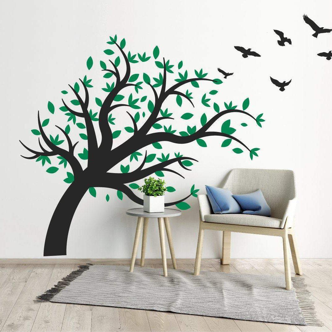 Large Over Hanging Tree With Flying Birds Wall Sticker