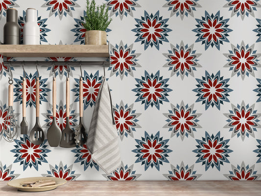 Red, Grey & Blue Floral Tile Stickers