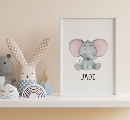 Cute Elephant Personalised Name Nursery Print