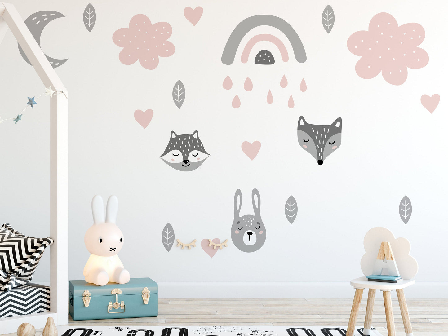 Scandi Boho Animals Rainbows Hearts & Clouds Nursery Wall Stickers