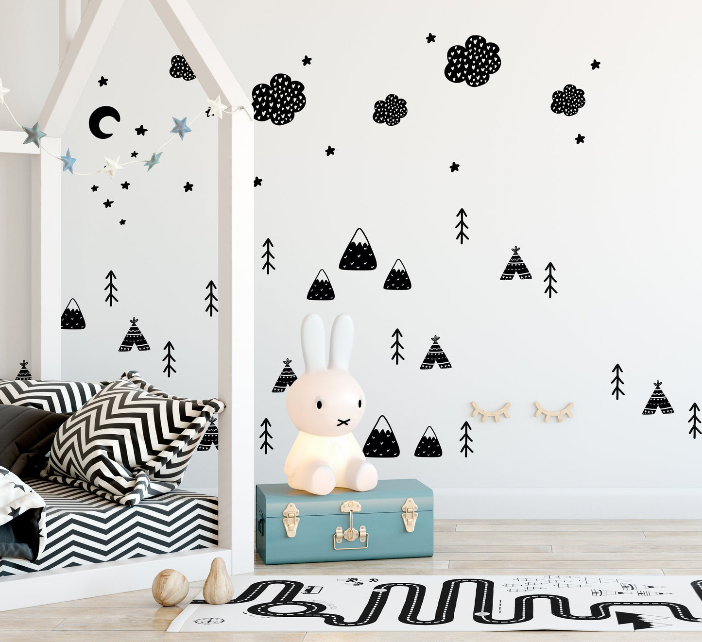 Scandi Wall Art Decor Stickers Decals Kids Animal Wall Stickers Trees Mountains Stars